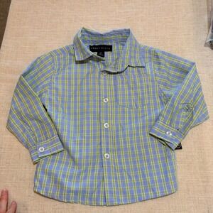 Perry Ellis Toddler Boys 2T Plaid Button Down Shirt Blue Green Long Sleeve Check